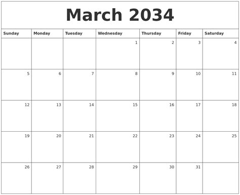 March 2034 Monthly Calendar