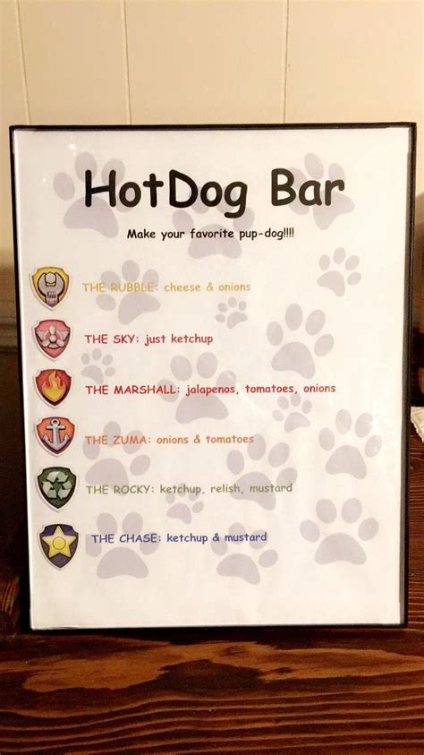Hot Dog Bar Menu For Paw Patrol Themed Birthday Bear Birthday Party