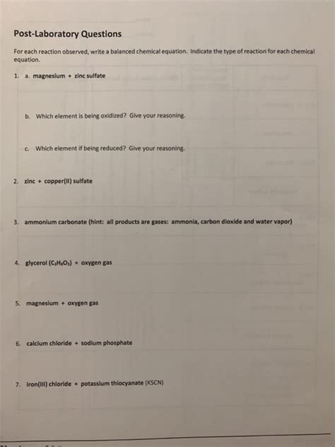 Solved Post Laboratory Questions For Each Reaction Observed