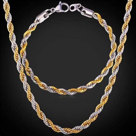 Two Tone Gold Plated Rope Chain Necklace Set Party Jewelry Wholesale 316l Stainless Steel