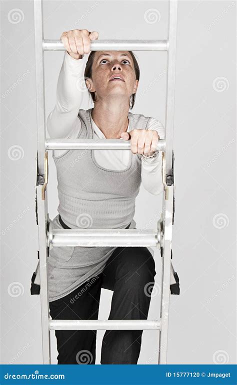 Woman Climbing A Ladder Stock Photo Image Of Stepladder 15777120