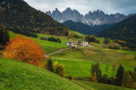 Fantastic Alpine Autumn Scenery With Santa Maddalena Village Dolomites