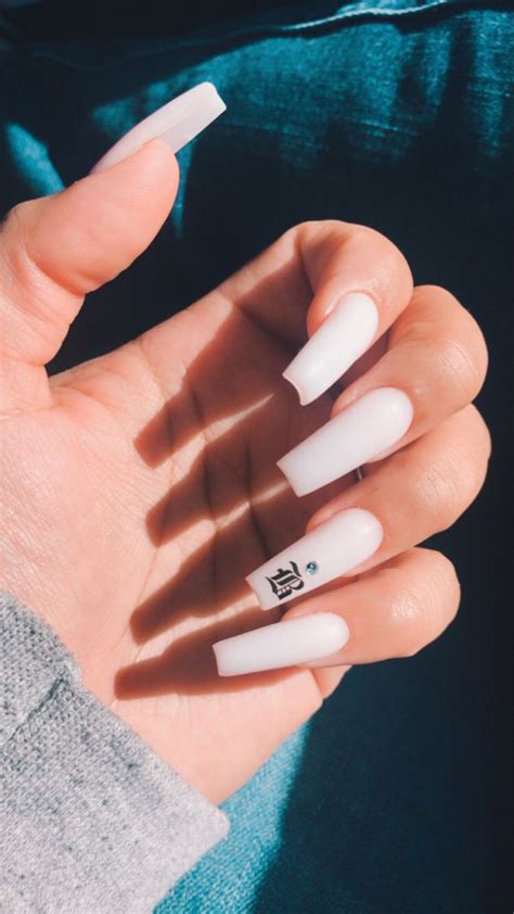 White Acrylic With Bf Initial Long Square Acrylic Nails Acrylic