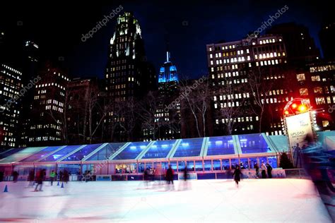 Ice Skating Rink Bryant Park New York City Skyline Night Stock