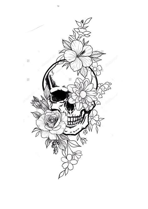 Feminine Skull And Flowers Tattoo Design