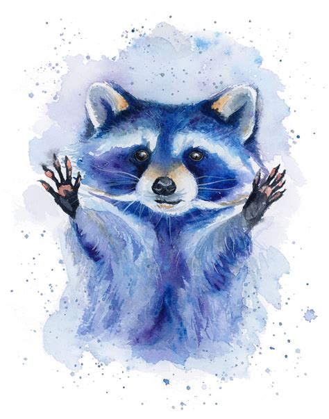 Raccoon Watercolor Art Print Colorful Wildlife Artwork Cute Etsy