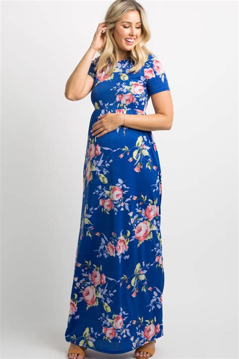 Pinkblush Royal Blue Rose Print Short Sleeve Maternity Maxi Dress