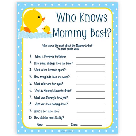 Who Knows Mommy Best Game Rubber Ducky Printable Baby Shower Games
