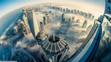 Cityscape Building Dubai Aerial View Fisheye Lens Clouds