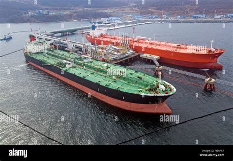 Aerial View Of Oil Tanker Ship Loading In Port Crude Oil Tanker Ship
