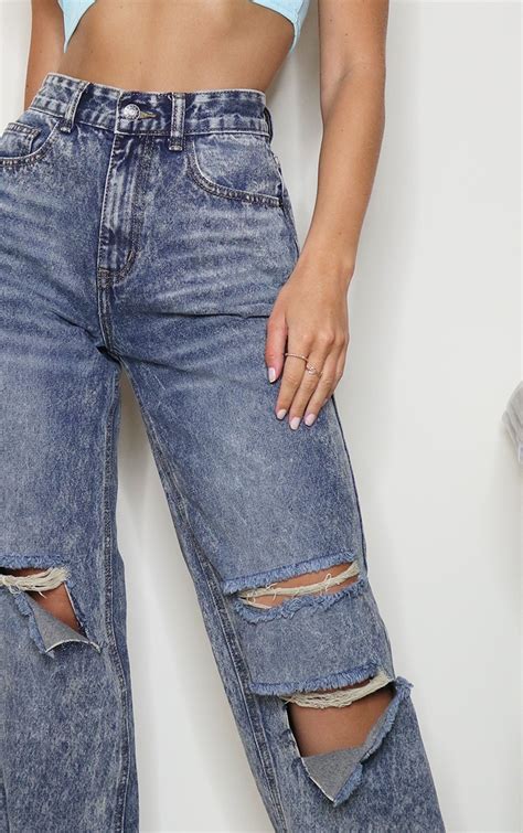 Acid Blk Baggy Low Rise Ripped Boyfriend Jean Prettylittlething Usa