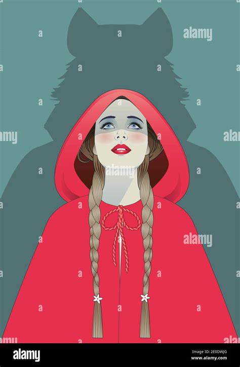 beautiful little red riding hood braids hair style looking up and the shadow of the wolf on