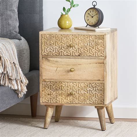 Lytle Boho Handcrafted Mango Wood 3 Drawer Nightstand Natural By Noble