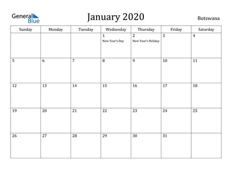 Botswana January 2020 Calendar With Holidays