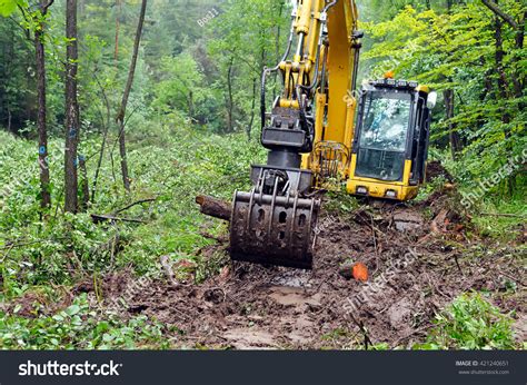 Deforestation Forest Excavator Used Dig Treestumps Foto Stok 421240651
