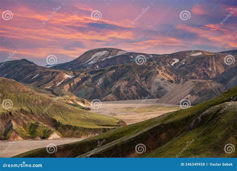 Landscape View Of Landmannalaugar Colorful Mountains And Glacier Stock
