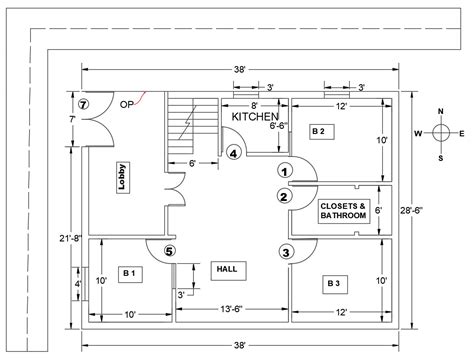 3bhk Simple House Layout Plan With Dimension In Autocad