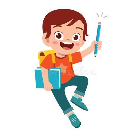 Happy Cute Student Kid Boy With Book And Pencil Stock Vector
