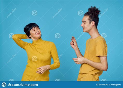Kinky Guy And Girl Together Friendship Fun Blue Background Stock Image Image Of White Beauty