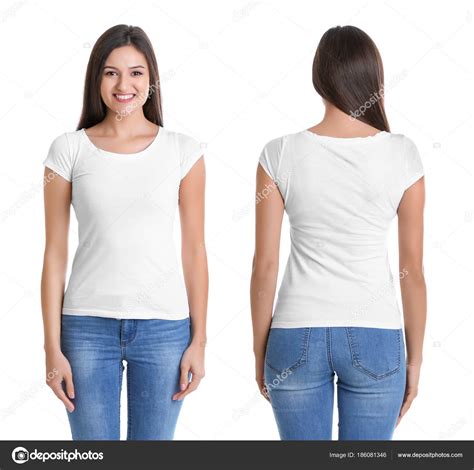 front   views  young woman  stylish  shirt  white background mockup  design
