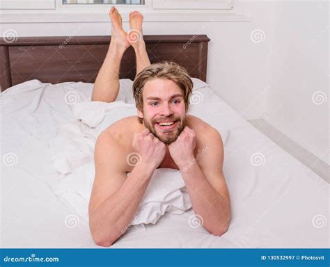 Man Unshaven Handsome Happy Smiling Torso Relaxing Bed Guy Macho Lay
