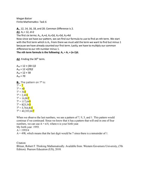 Finite Math Task 6 Task 6 Assignment Megan Balcer Finite