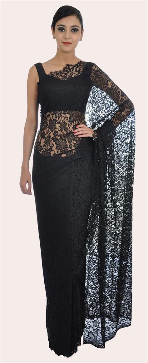 Black French Chantilly Lace Saree With Crepe Tissue Blouse Evening