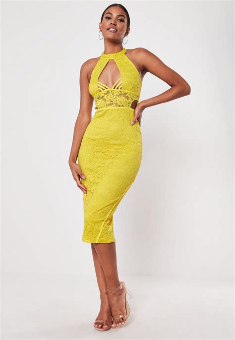 Yellow Lace Halter Cut Out Side Midi Dress | Missguided