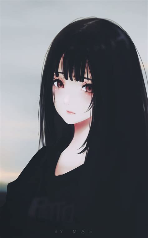 Download 1600x2560 Anime Girl Black Hair Sad Expression Semi