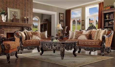 Luxurious Traditional Formal Living Room Furniture Set Dark Walnut And Gold