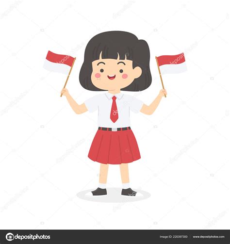 Cute Indonesian Elementary School Girl Student Red White