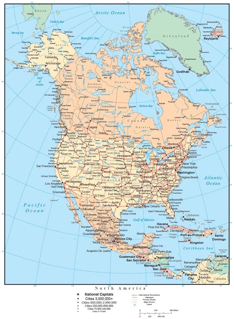 North America Map Multi Color With Countries Cities And Roads