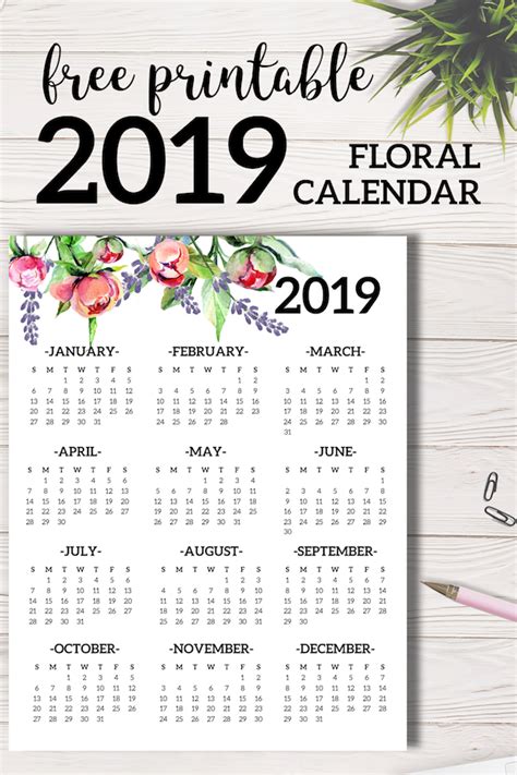 Free Printable 2019 Calendar Yearly One Page Floral Paper Trail Design