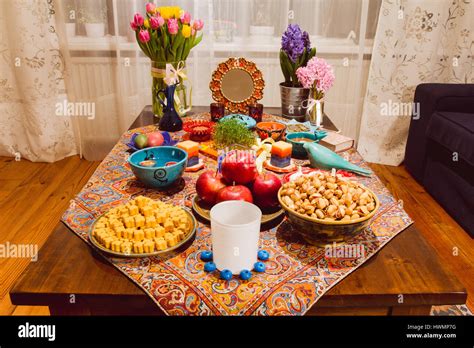 Haft Seen Traditional Table Of Nowruz A Haft Seen Setting In Stock