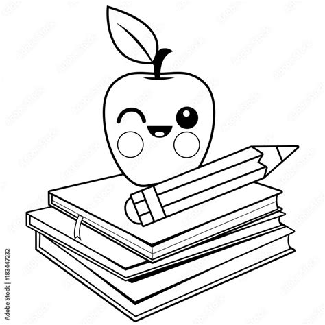 Stack Of Books An Apple And A Pencil Vector Black And White Coloring