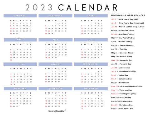 2023 Calendar With Holidays World Of Printables