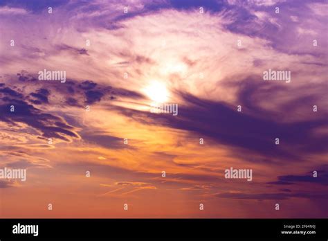 Orange Lilac Sunset Sky With Feather Clouds Backdrop Background For
