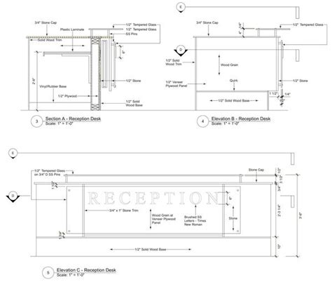 The drawing shows a table and a chair in a top and side view. reception desk section detail | Reception desk plans, Reception desk, Reception desk drawing
