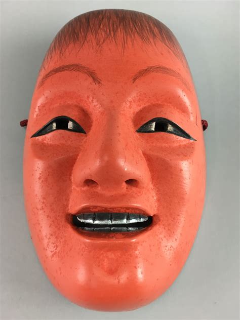 Om10 Japanese Vtg Mask Wood Noh Kagura Red Face Fairy Kyogen Bugaku