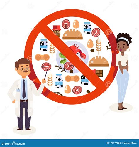 Flat Style Icons Of Food Allergy Triggers Doctor And Patient Vector