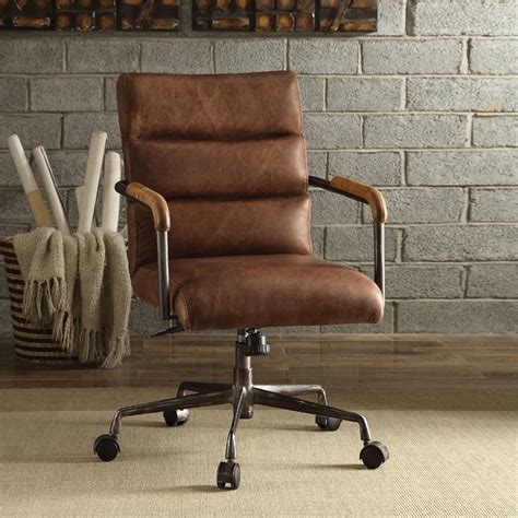 Erma 2 Piece Computer Desk And Rustic Leather Swivel Office Chair Set