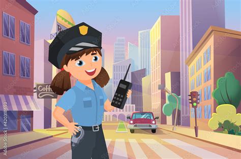 Police Officer Happy Girl Working On City Street Vector Illustration