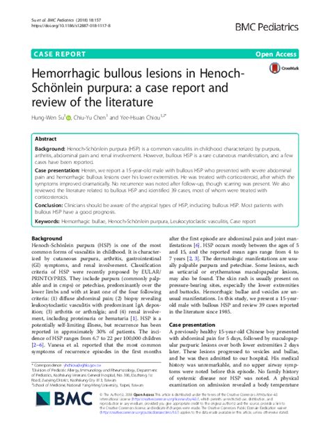 Pdf Hemorrhagic Bullous Lesions In Henoch Schönlein Purpura A Case