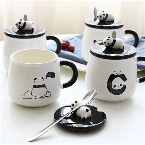 Cute Panda Mugs Cup Ceramic Personality Milk Mug With Lid Spoon Office