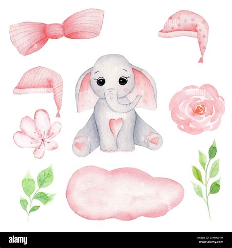 Lindo Bebé Elefante Mano Dibujado Watercolor Ilustraciones Conjunto