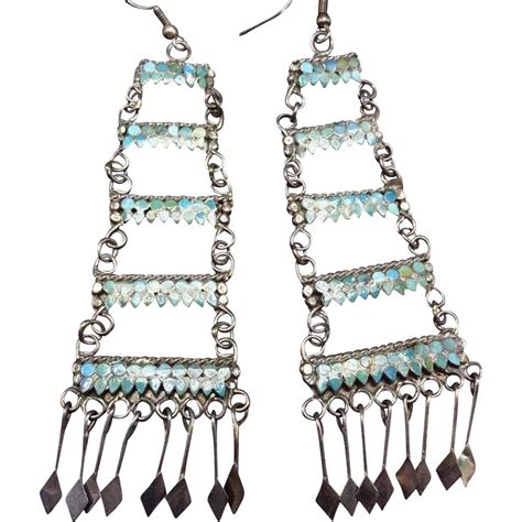 Vintage Zuni Indian Needlepoint Turquoise Dangle Drop Earrings