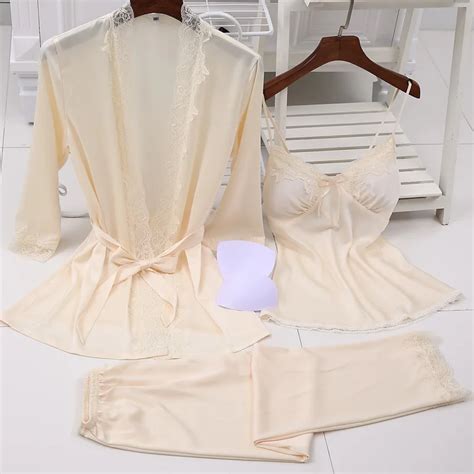 Ladies Sexy Silk Satin Pajama Set Lace Sleepwear Set Fashion Home
