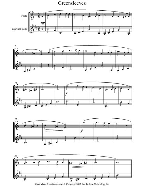 My personal website where i post free sheet music, by michael kravchuk. Greensleeves Sheet music for Flute-Clarinet Duet - 8notes.com