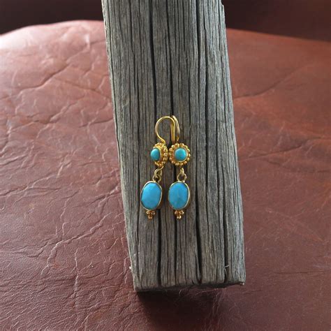 K Gold And Sleeping Beauty Turquoise Earrings Faceted Stone From