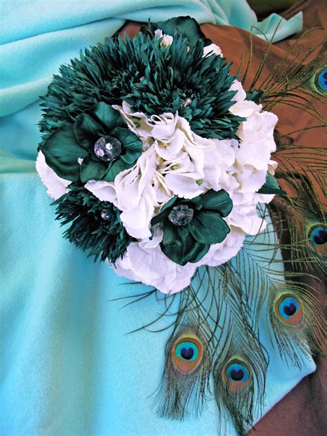 How to make a cascading wedding bouquet with faux flowers | silk scapes. Teal & White Wedding, Peacock Silk Bridal Bouquet on Luulla